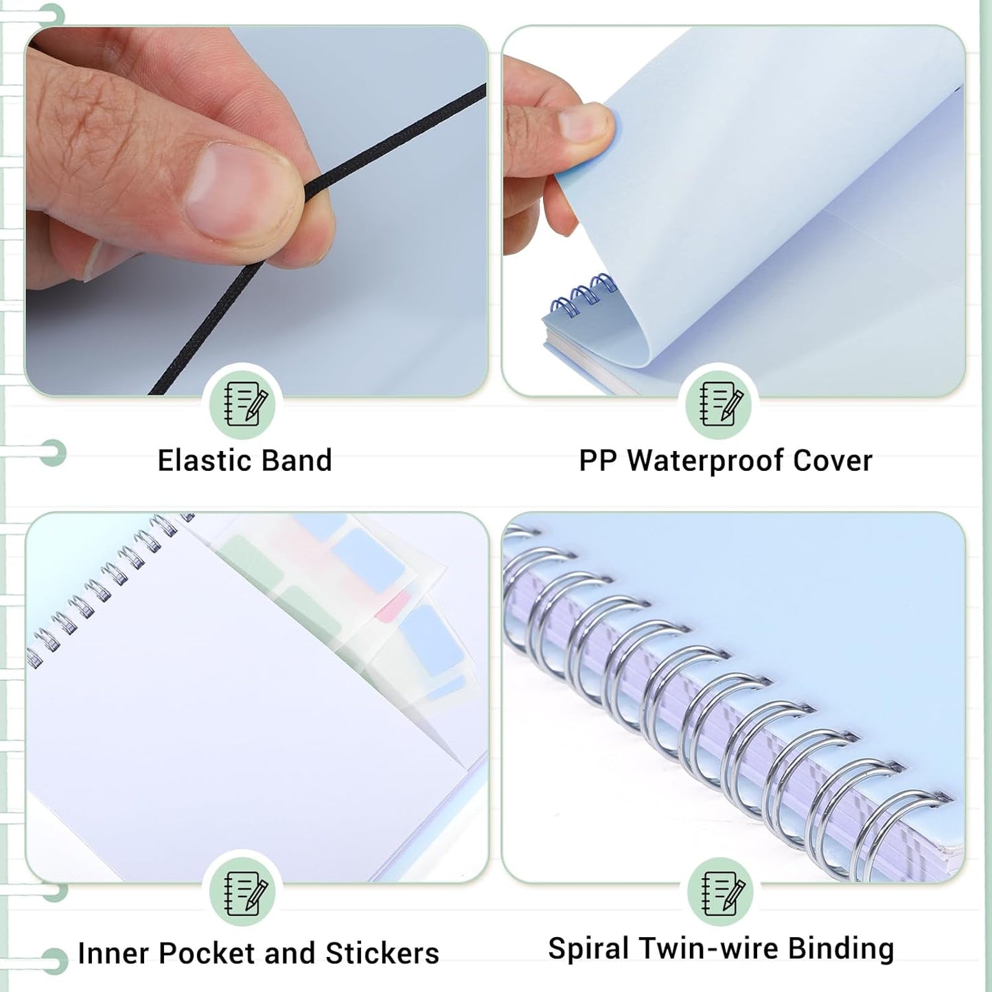 3 Pcs Spiral Notebook 5.9x8.3, 140 Pages Small Notebook for Women A5 College Ruled Journals Cute Notebooks with Large Pockets and Index Stickers for Home School Office Use（Purple, Green, Blue）