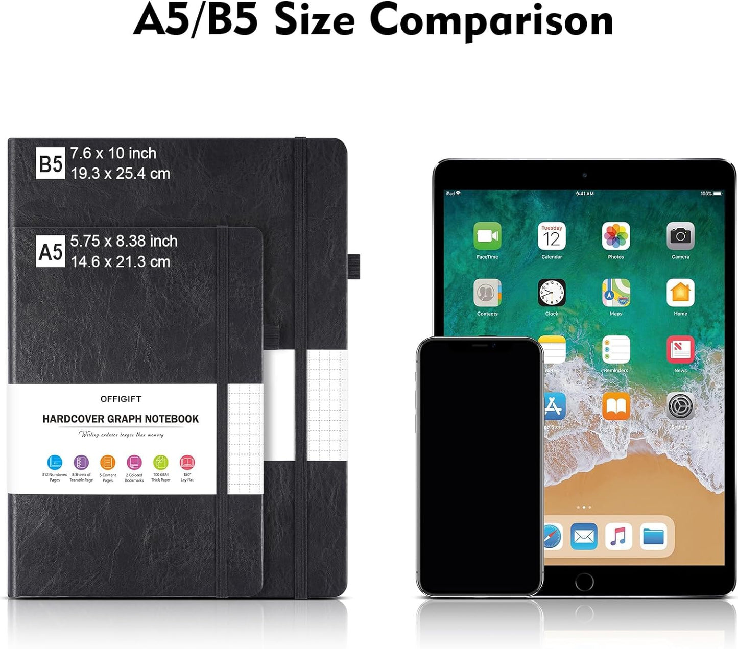 Graph Paper Notebook, 312 Numbered Pages Large A5 Hardcover Leather Journal, 100gsm No Bleed Grid Paper Notebook with Index Pages, Grid Notebook for Graphing Notes Math, 5.75" x 8.38", Black