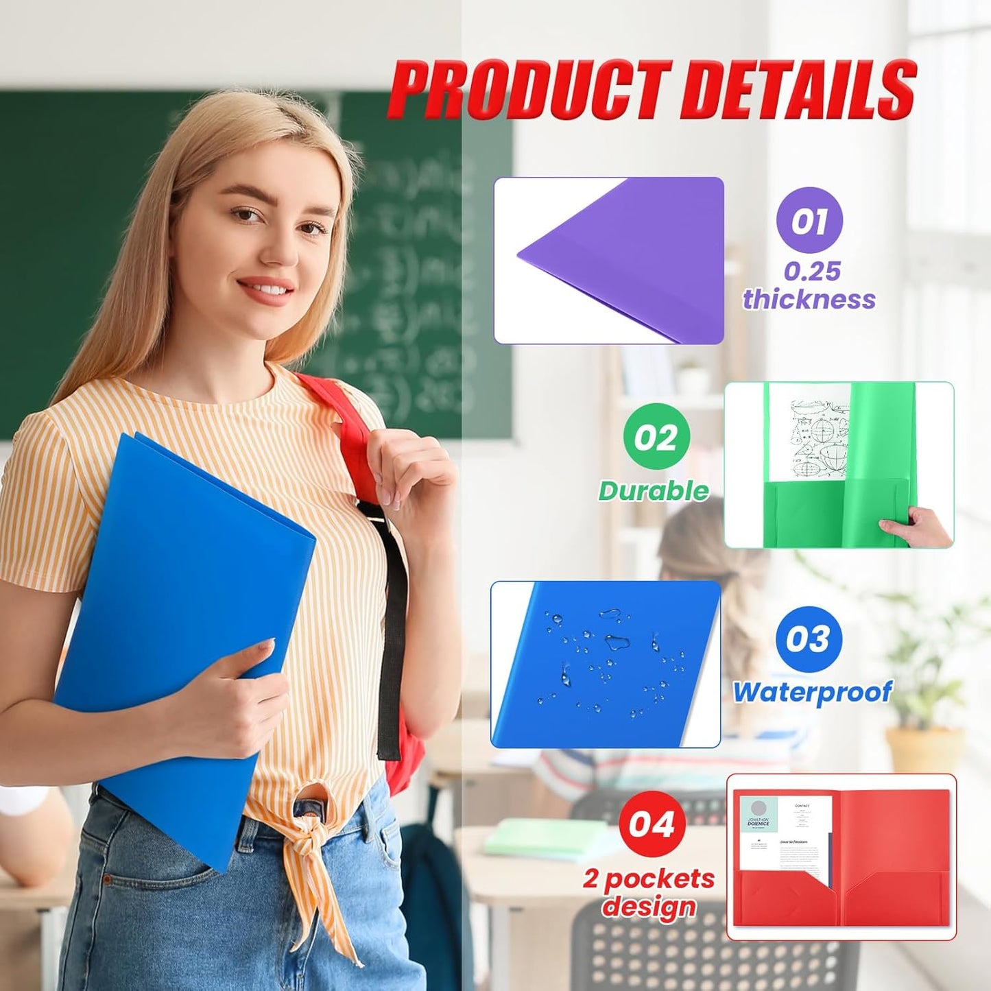 Gueevin 50 Pcs Plastic Folders with Pockets, Back to School Two Pocket Folder Fit Letter Size, Heavy Duty School Business Card Holder for Home Office, 11. 61 x 9. 45 Inches (Multicolor)