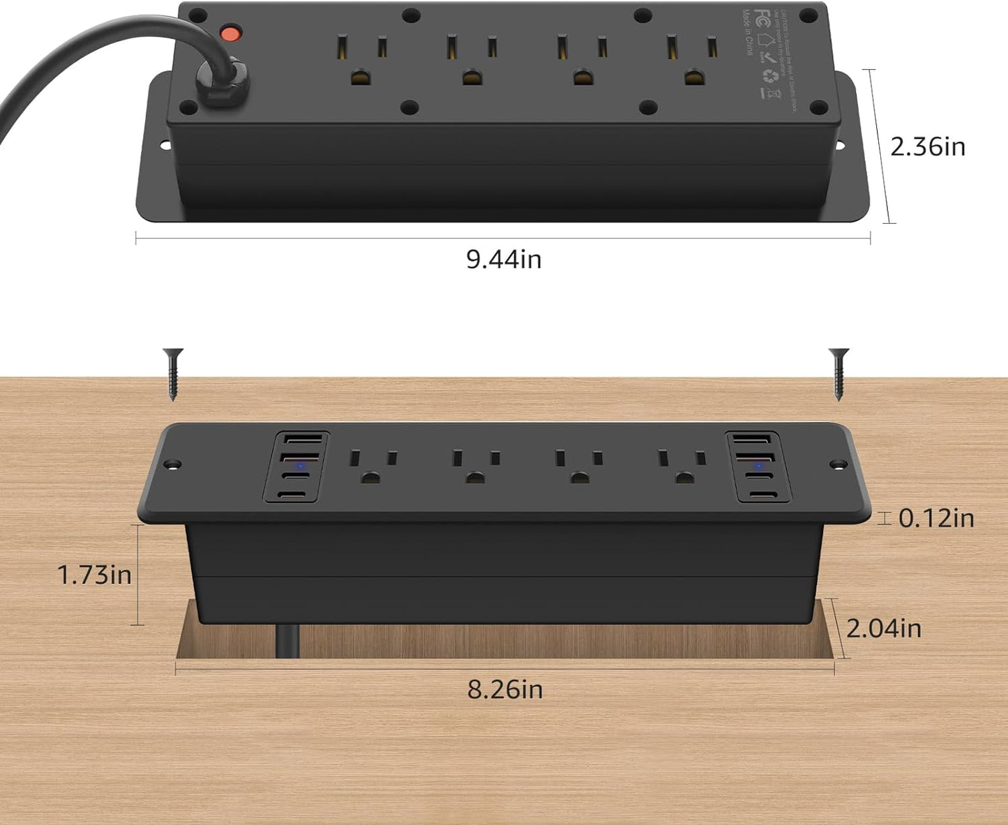 HHSOET 8 Outlet Recessed Power Strip, 30W Fast Charging Furniture Power Outlet USB C, Flush Mount Surge Protection Socket with 4 USB-A and 4 USB-C, 10ft Power Cord. (Black)