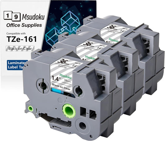 36mm Laminated Clear Label Tape, Black on Clear, 1 1/2" x 26.2 Feet, 3-Pack, Compatible with Brother P Touch Label Maker TZe-161 TZe161