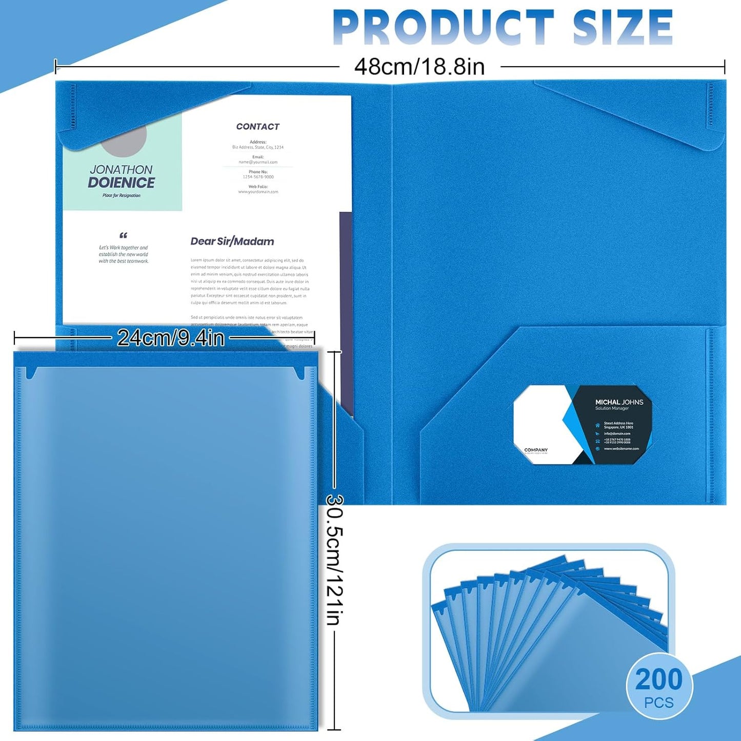Henoyso 200 Pcs Plastic Folders with Clear Front Pockets Bulk Heavy Duty File Folders with 2 Pockets and Card Slot for Student Teacher Back to School Supplies Office Presentation (Blue)