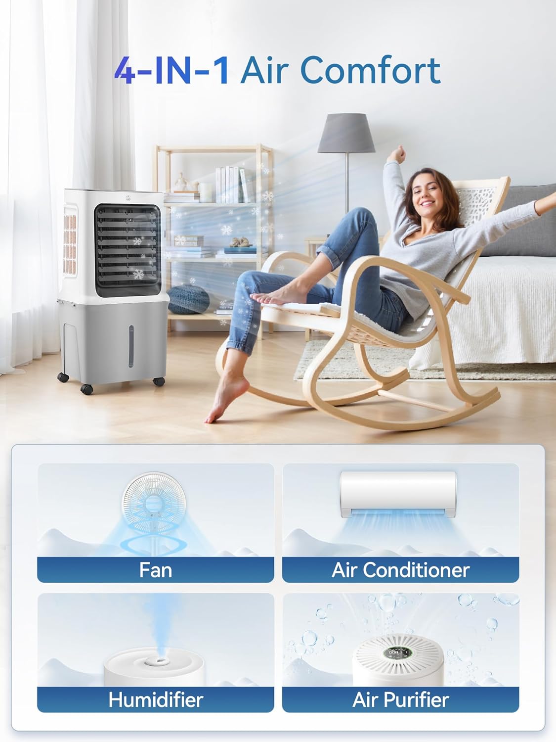 10 Gal Evaporative Air Cooler, 3000CFM Quiet Portable Air Conditioners, 35" Fast Cooling Swamp Cooler, 120° Oscillation, 12H Timer, 3 Speeds & Modes Remote Control for Living Room|Bedroom|Garage