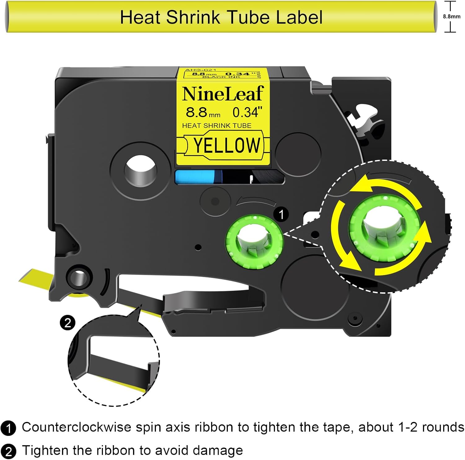 NineLeaf 2 Roll Black on Yellow Heat Shrink Tubes Label Tape Compatible for Brother HSe-621 HSe621 HS621 HS-621 for P-Touch PT1180 PTD200 PT1090 Label Maker - 8.8mm (0.34inch) x 1.5m (4.92ft)