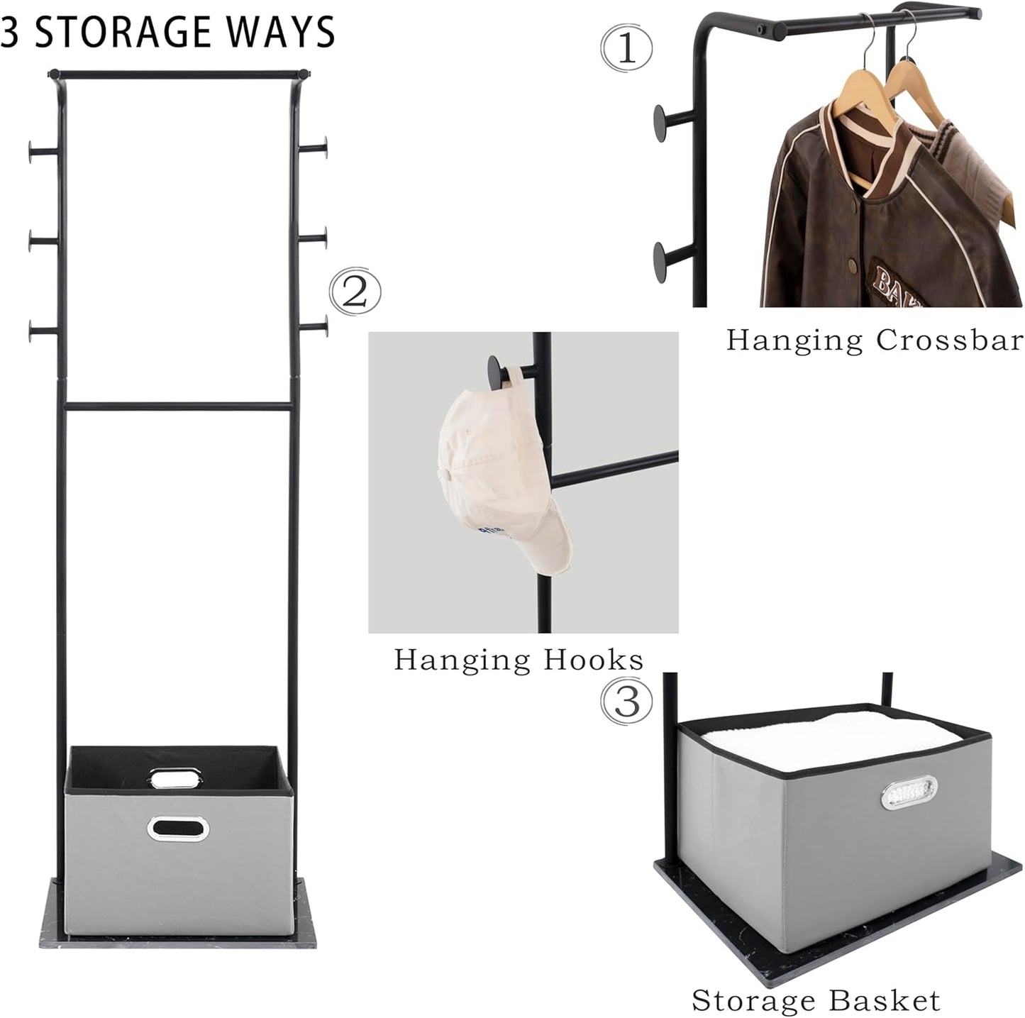 Heavy Duty Coat Rack with Storage Basket Metal Hanging Clothes Rack with Marble Base Modern Standing Clothing Rack for Entryway Bedroom Living Room Hotel 19.69 x 13.39 x 67.72 Inches (Black)