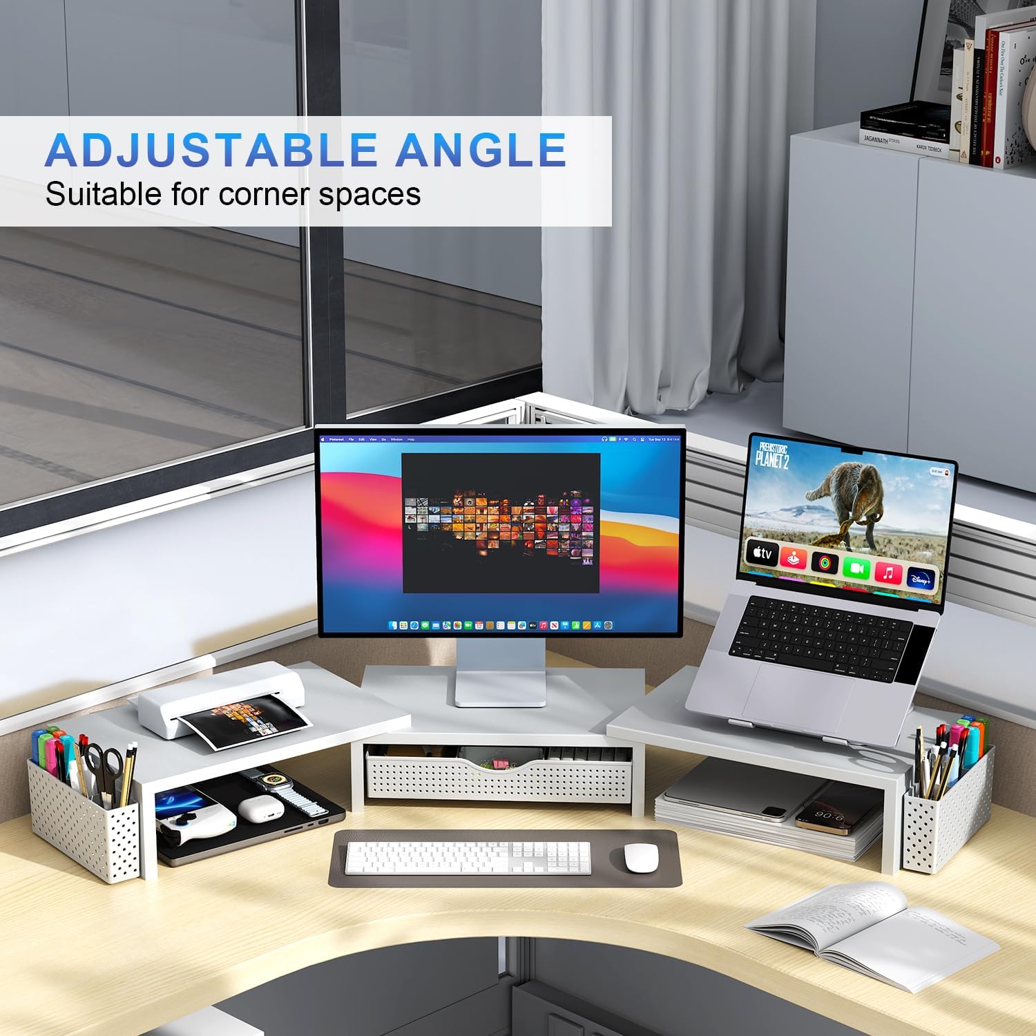 gianotter Dual Monitor Stand Riser, Desk Organizer With Drawer and 2 Pen Holders, Monitor Stand for Desk, Office Decor Essentials (White)