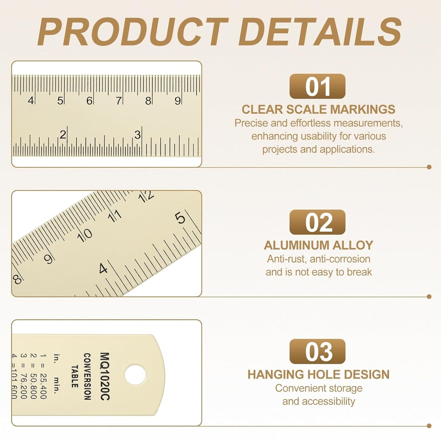 HARFINGTON 6pcs Metal Straight Ruler 15cm Metric SAE Aluminum Alloy Measuring Rulers Scale Tool with Hole for Measure Study Reading Classroom Office, White