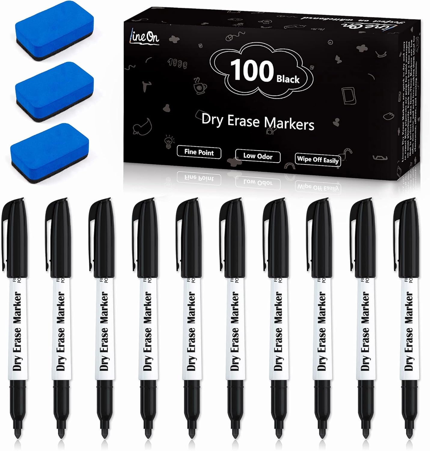 100 Bulk Pack Black Whiteboard Markers with 3 Erasers, Fine Point Dry Erase Markers Perfect For Writing on Dry-Erase Boards, Glass for School Office Home
