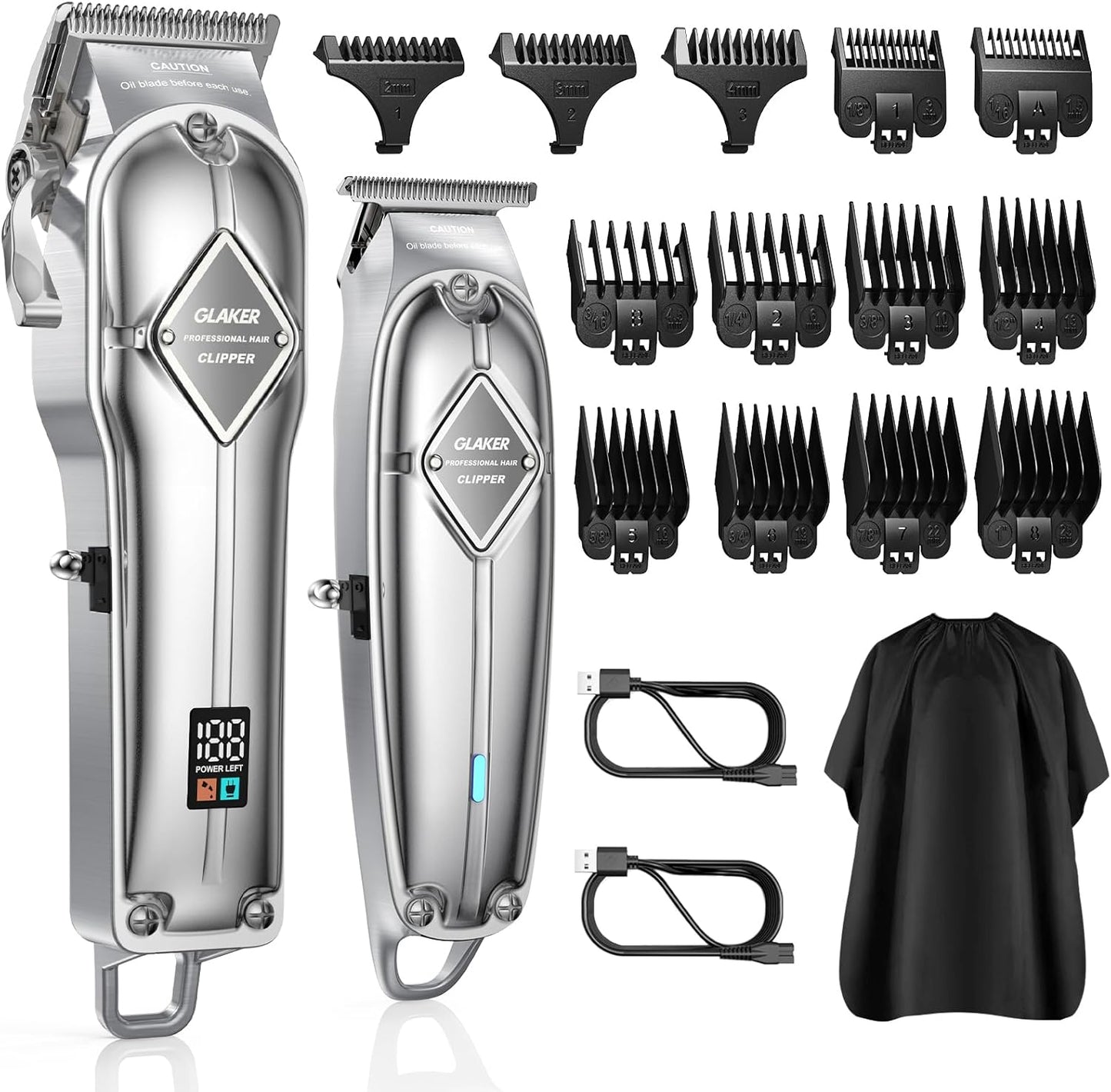 GLAKER Hair Clippers for Men Professional - Cordless Clippers and Trimmers Set, Complete Barber Kit for Hair Trimming & Beard Grooming, Mens Haircutting Kits for Blending & Fade Cuts (Silver)