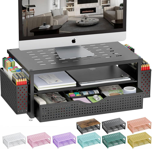 gianotter Desk Organizers and Accessories, Monitor Stand with Drawer and 2 Pen Holder, Desktop Organizer Suitable for Offices and Dormitories (Black)