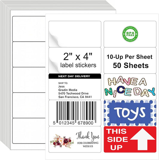 2x4 Shipping Address Labels, 500 Matte Printable Sticker Labels for Mailing Labels, Fragile Stickers, Product Sticker Making, 8.5 x 11 Label Paper for Lase Inkjet Printer, 10 Up Per Sheet, 50 Sheets