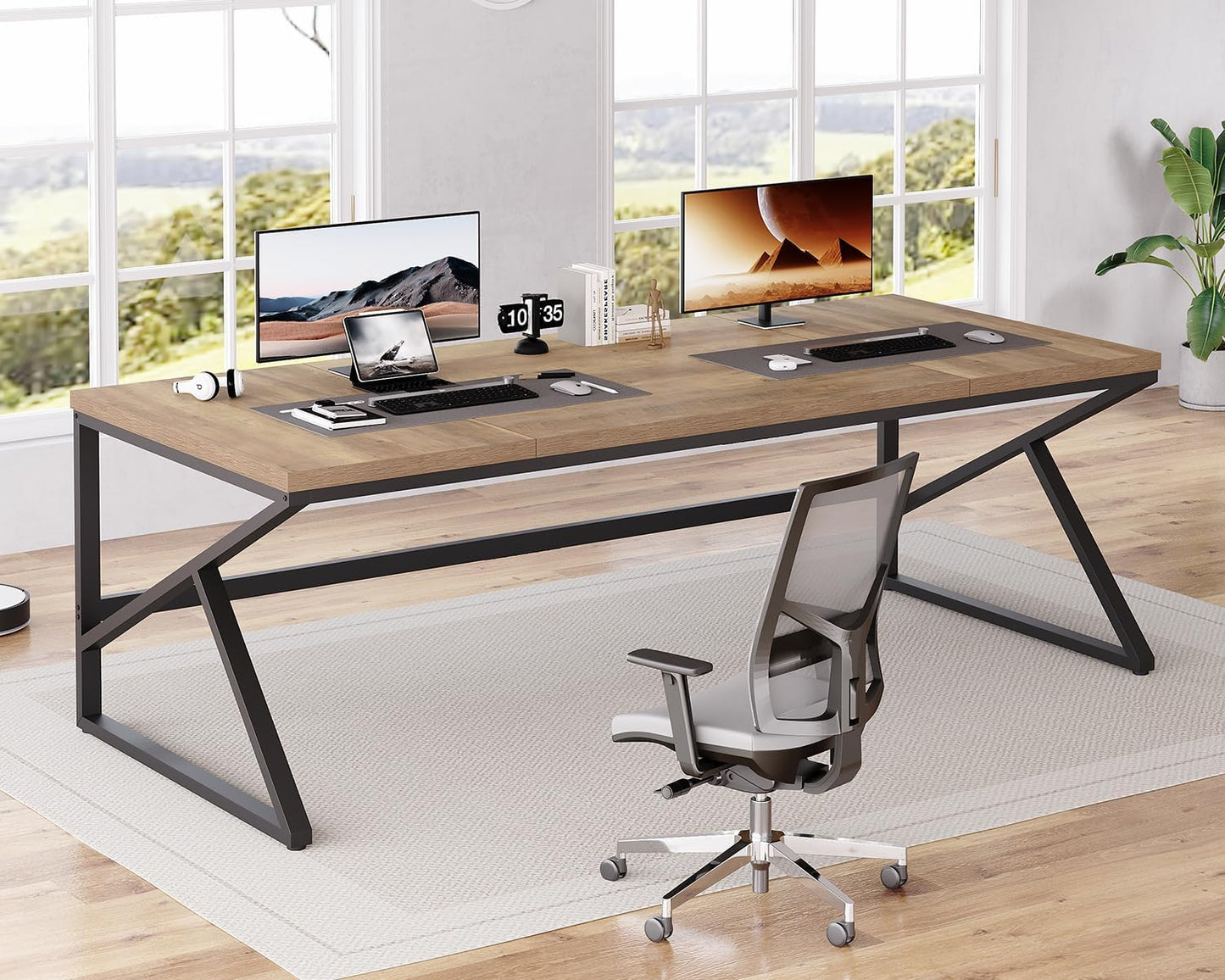 HSH Extra Large Home Office Desk, Rustic Wood and Metal Computer Desk for 2 People, 78 Inch Long Executive Writing Study Gaming Double Desk Workstation, Bedroom Living Room PC Table for 2 Monitors