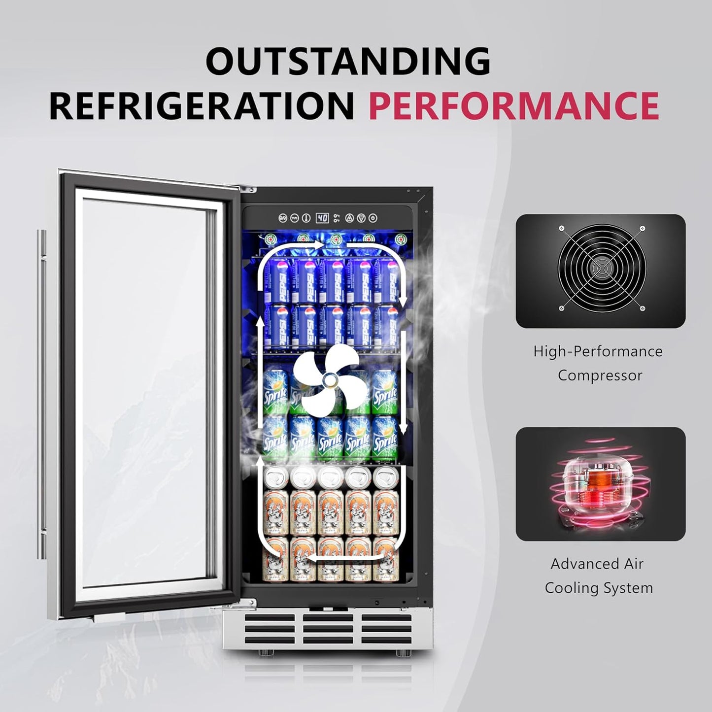 15'' Beverage Refrigerator Cooler - 126 Cans Under Counter Beverage Fridge with LED Light, Built-in Design, Wine Cooler for Home/Kitchen