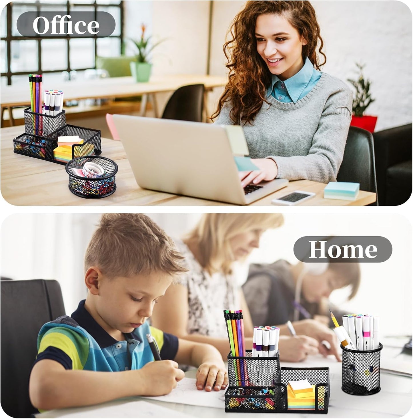 2 Pieces Pen Holder for Desk Mesh Metal Pencil Holders Pen Cup Marker Holder Desk Caddy with Sticky Notes Holder Pen Organizer for Office Supplies Workspace School Home Black