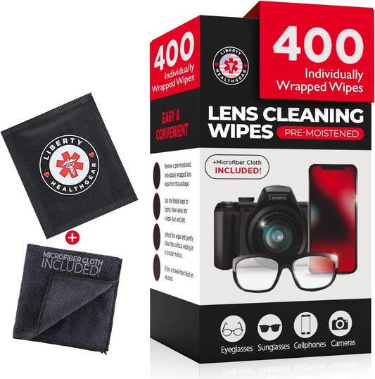 400 Eyeglass Cleaning Wipes + Microfiber Cloth for Eyeglasses & Lens Cleaner | Pre-Moistened, Individually Wrapped, Less Alcohol Formula | Lens Wipes for Eyeglasses, Eye Glasses, Lenses & Screen