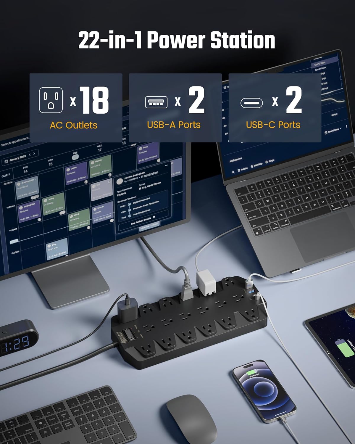 18 Widely Outlets Power Strip, SUPERDANNY Surge Protector with 4 USB Ports, 15FT Flat Plug Heavy Duty Extension Cord, 2100J, 1875W/15A, Wall Mount Holes for Home, Office, Dorm, Black