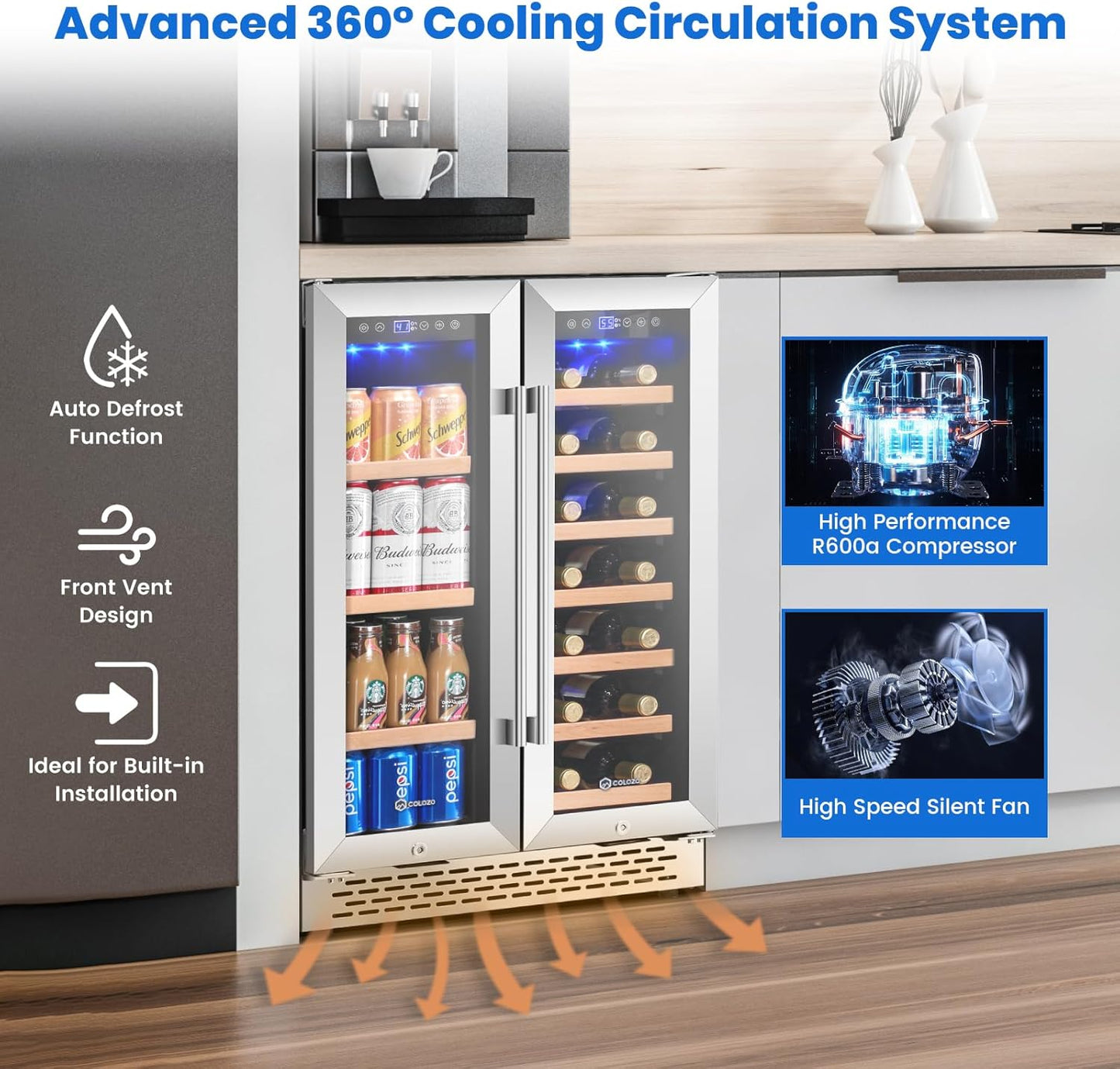 24 Inch Wine and Beverage Refrigerator Under Counter, Dual Zone 20 Bottles & 88 Cans Beverage Fridge with Stainless Steel Tempered Glass Door, Built-in/Freestanding Mini Fridge for Office/Bar/Kitchen