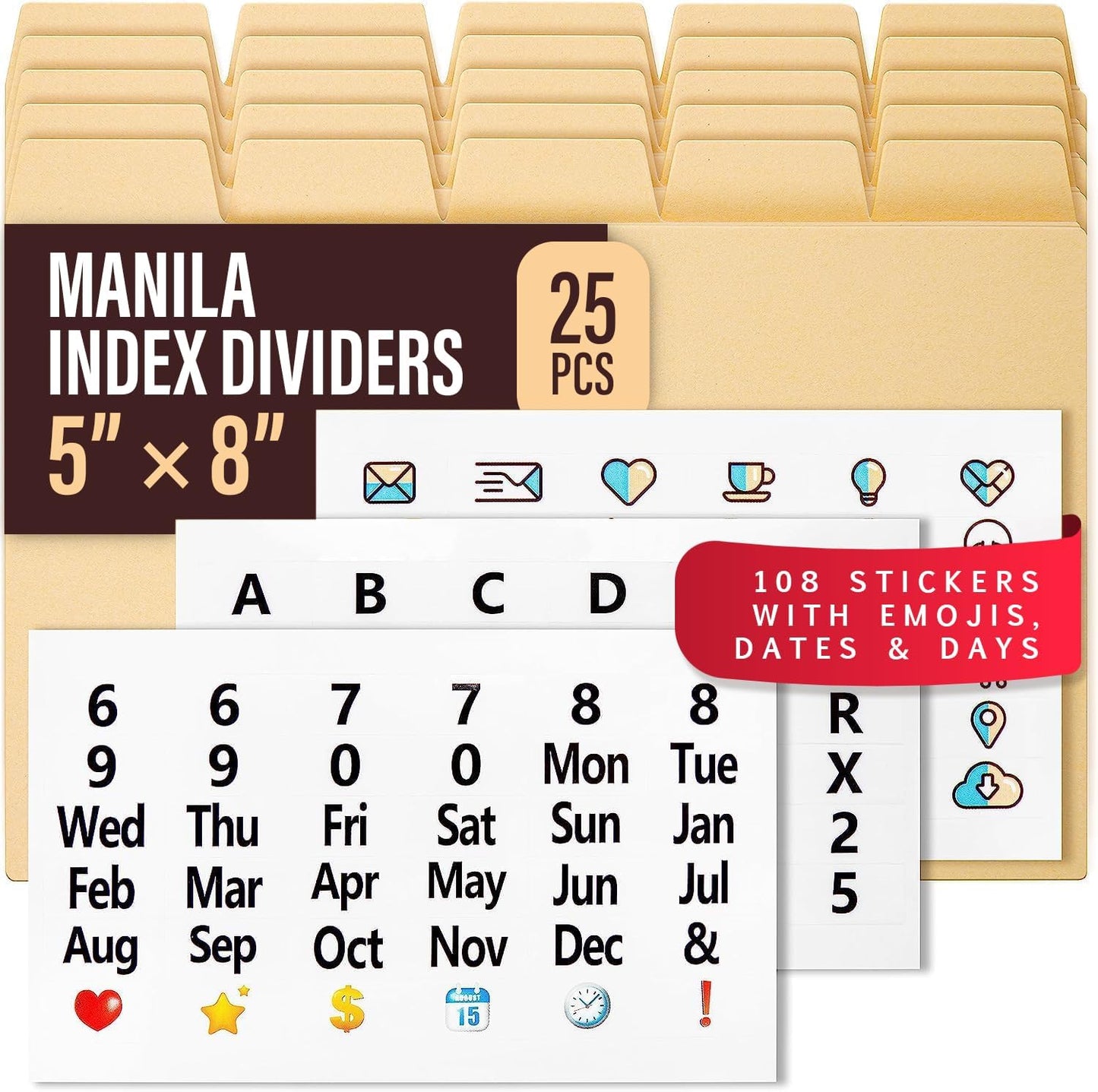 25 Manila Index Card Box Dividers with Tabs & 108 Stickers, Alphabetical File Dividers for 5x8 Index Card Box