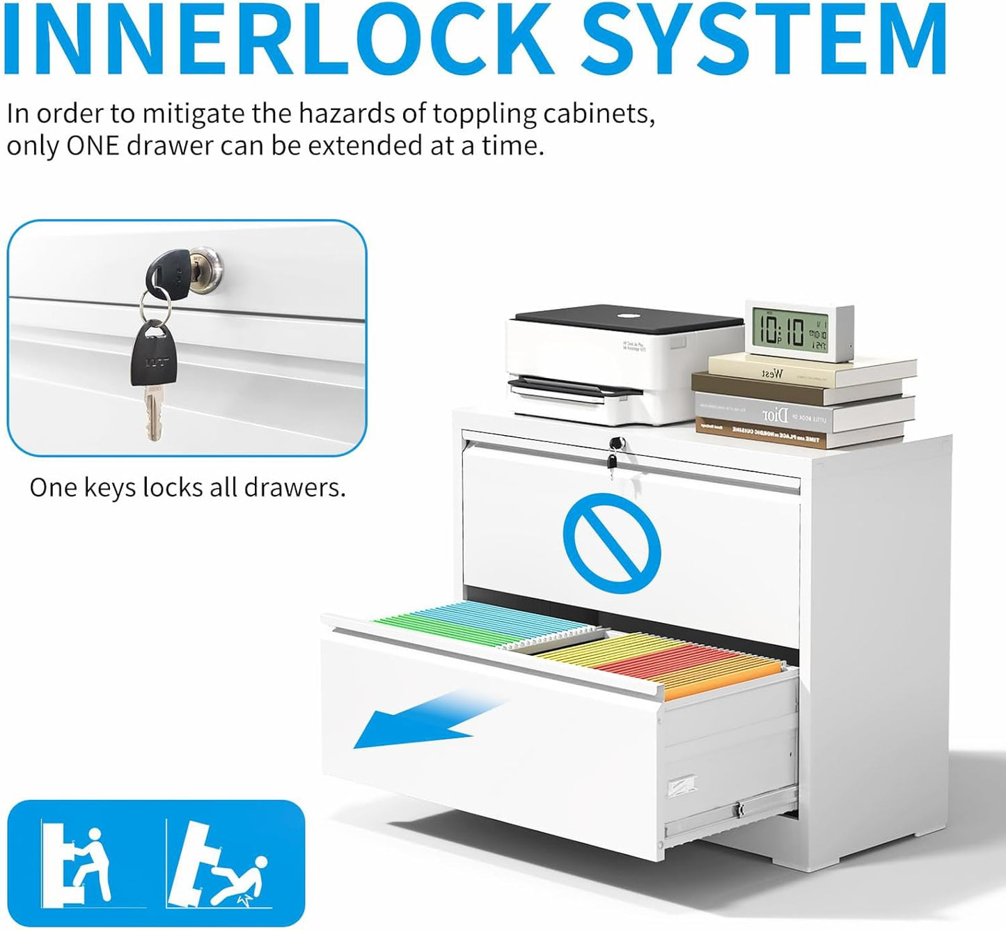 2 Drawer Lateral File Cabinet with Lock, Metal Lateral Filing Cabinet for Home Office, Steel Wide Horizontal Filing Cabinets for Letter/Legal/A4/F4 Hanging Files (White)