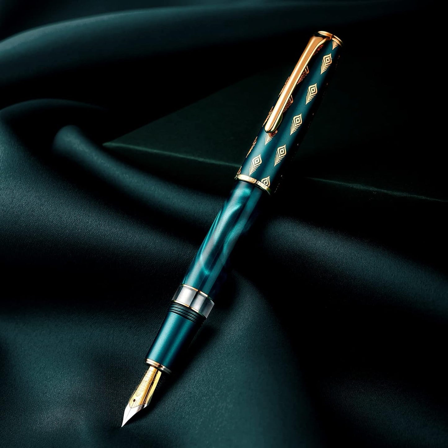 Hongdian N7 Blue Peacock Resin Piston Fountain Pen, Iridium Fine Nib Classic Pen, Smooth Writing Pen with Metal Box