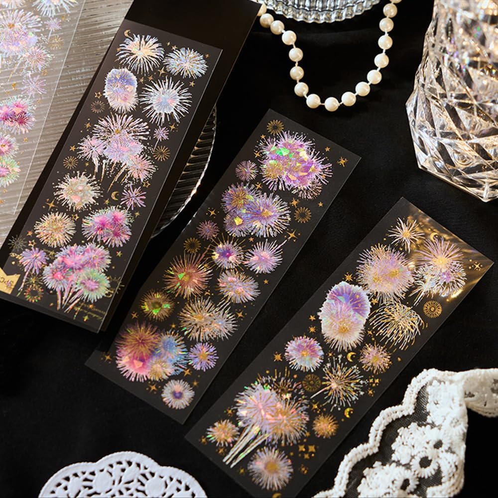 12 Sheets Fireworks Landscape Stickers for Scrapbooking Scrapbook Stickers Aesthetic Glitter Sticker Sets PET Transparent Sticker for Journaling Journal Supplies Decals for Scarp Booking Supples Kit