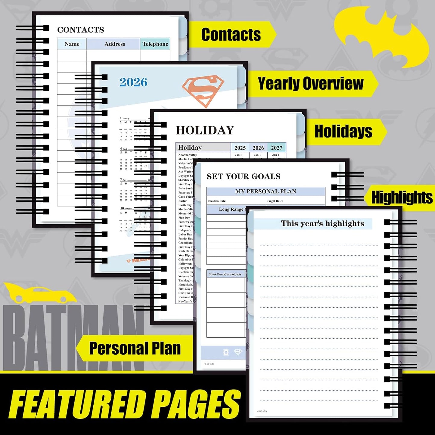 Hero Theme Academic Planner Notebook, Weekly Monthly Daily Agenda, Custom Date Organizer for Time Management, Spiral Bound Planner with Colorful Tabs,Datebooks for Student, Workers (Black and Grey)