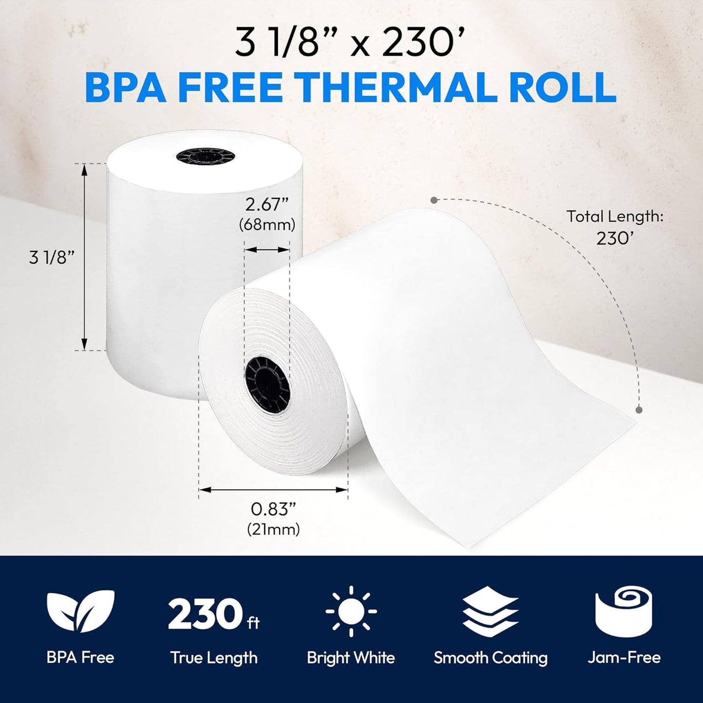 3 1/8" x 230' Thermal Paper (20 Rolls), BPA Free Receipt Paper, Fits Most Credit Card Machines POS & Cash Registers, High Compatibility, Bright White, Honeycomb Core, Durable Printing