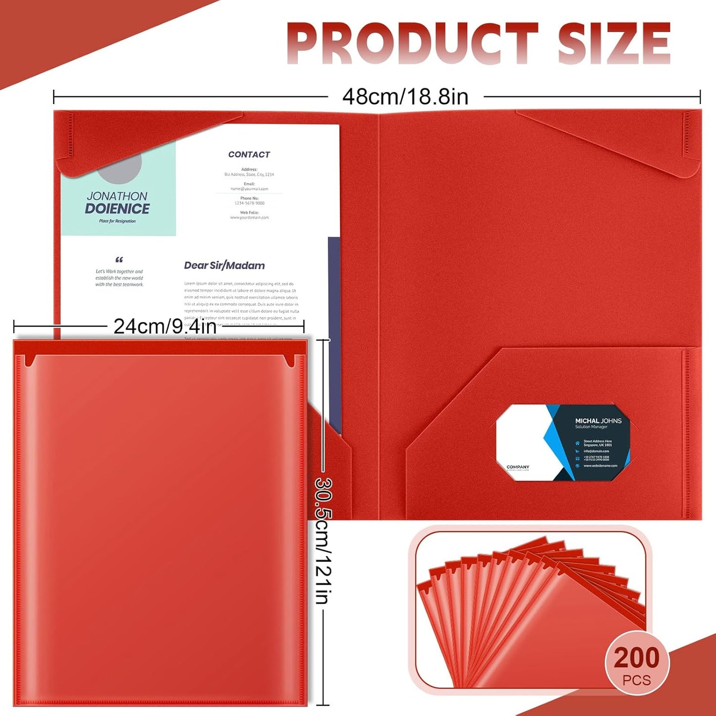 Henoyso 200 Pcs Plastic Folders with Clear Front Pockets Bulk Heavy Duty File Folders with 2 Pockets and Card Slot for Student Teacher Back to School Supplies Office Presentation (Red)