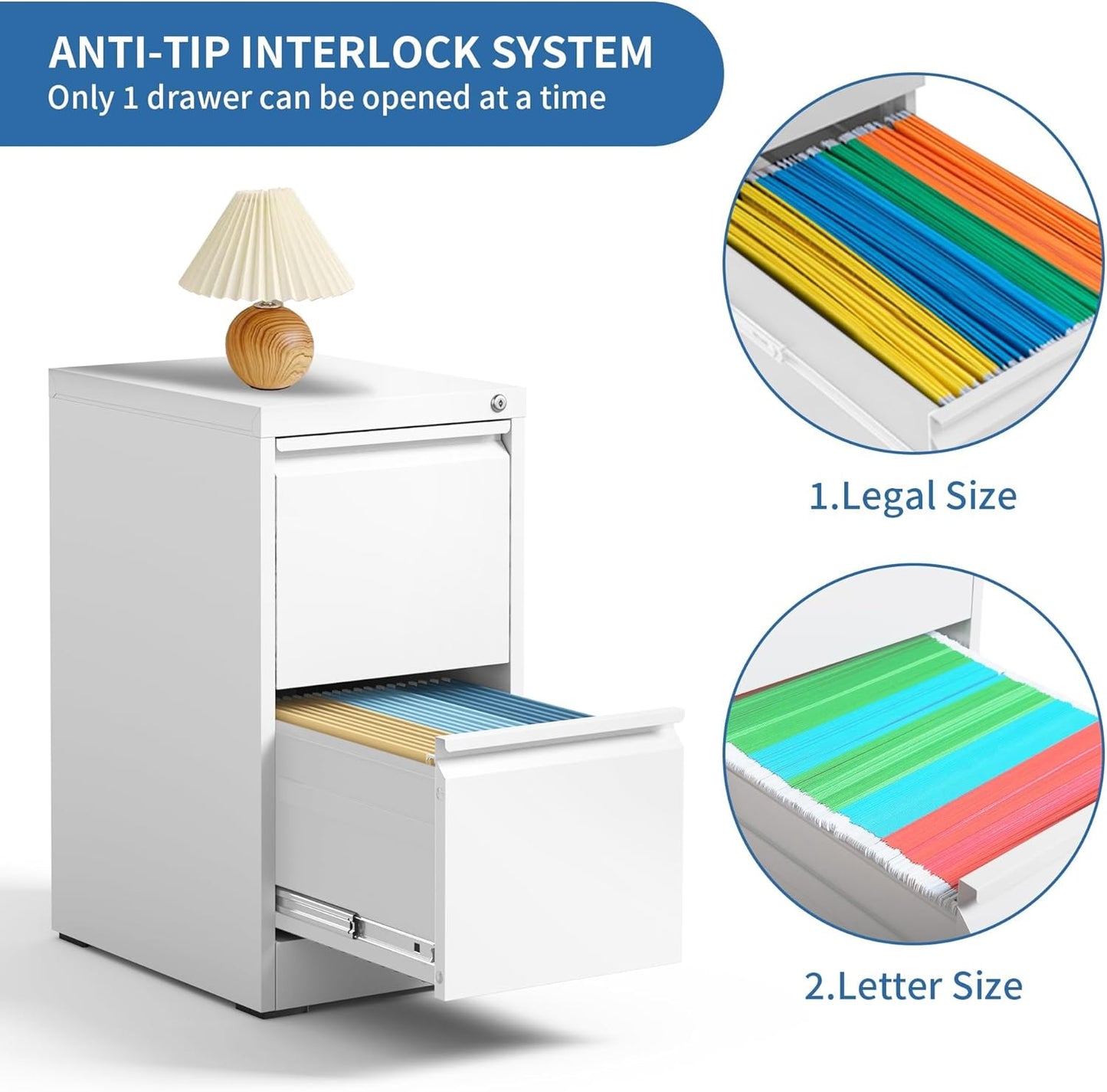 2 Drawer File Cabinet with Lock,Metal Vertical Filing Cabinets for Home Office,Heavy Duty File Storage Cabinet for Letter/Legal/A4/F4 Size File,Assembly Require (White, Vertical 2 Drawer)