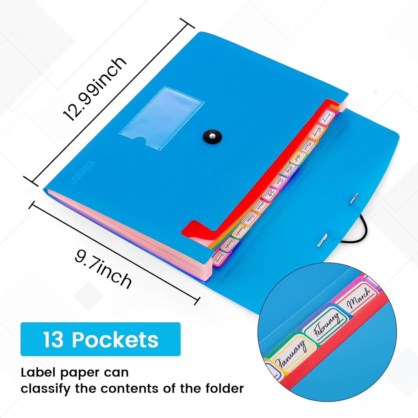 13 Pocket Expanding File Folder Accordian File Organizer, A4 Letter Size Paper Document Receipt Holder for School Office Supplies, Blue
