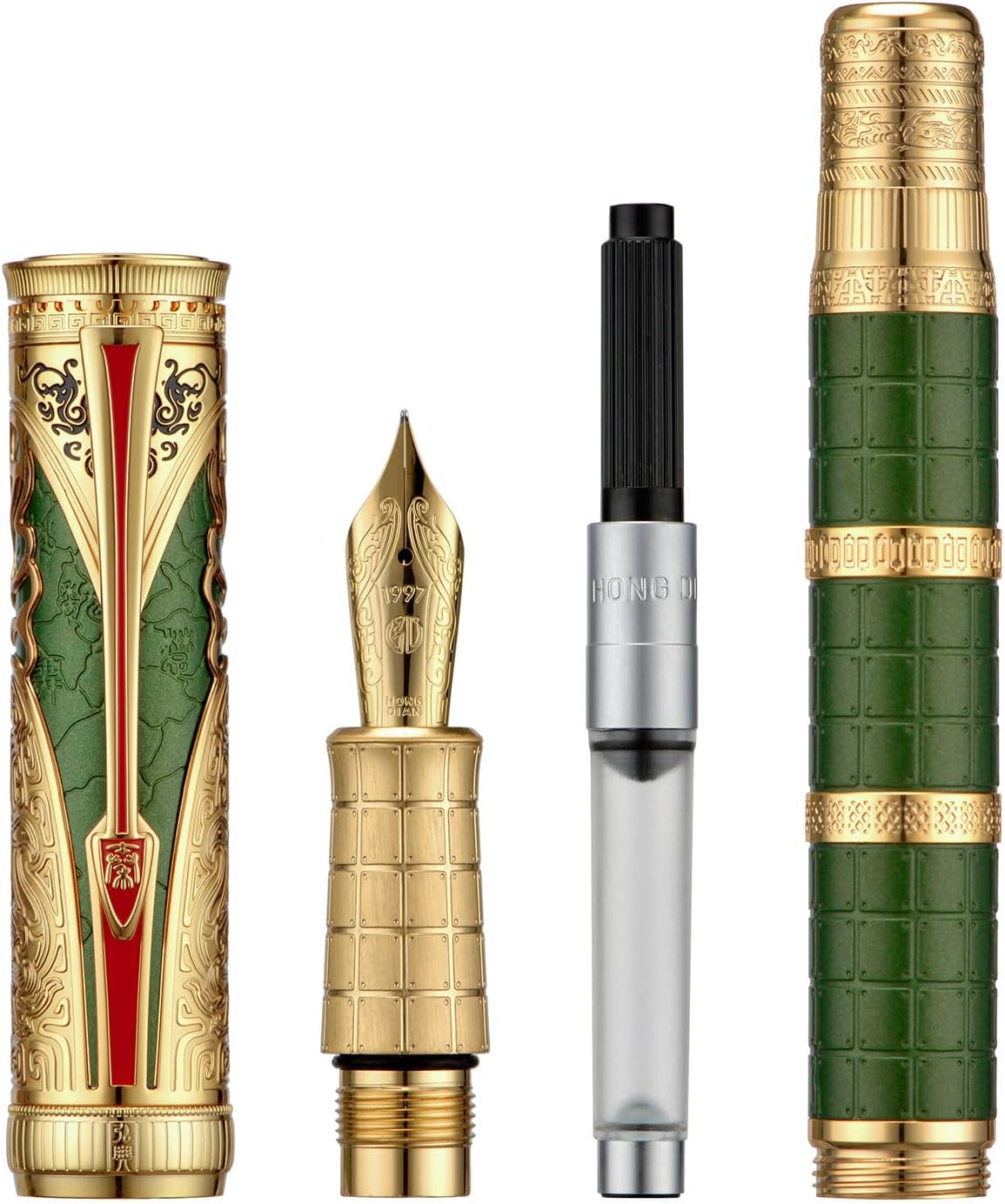 Hongdian D5X Fountain Pen - Green Qin Dynasty Retro Chinese Totem Engraving, Extra Fine Nib, Smooth Writing with Converter and Pen Box Set
