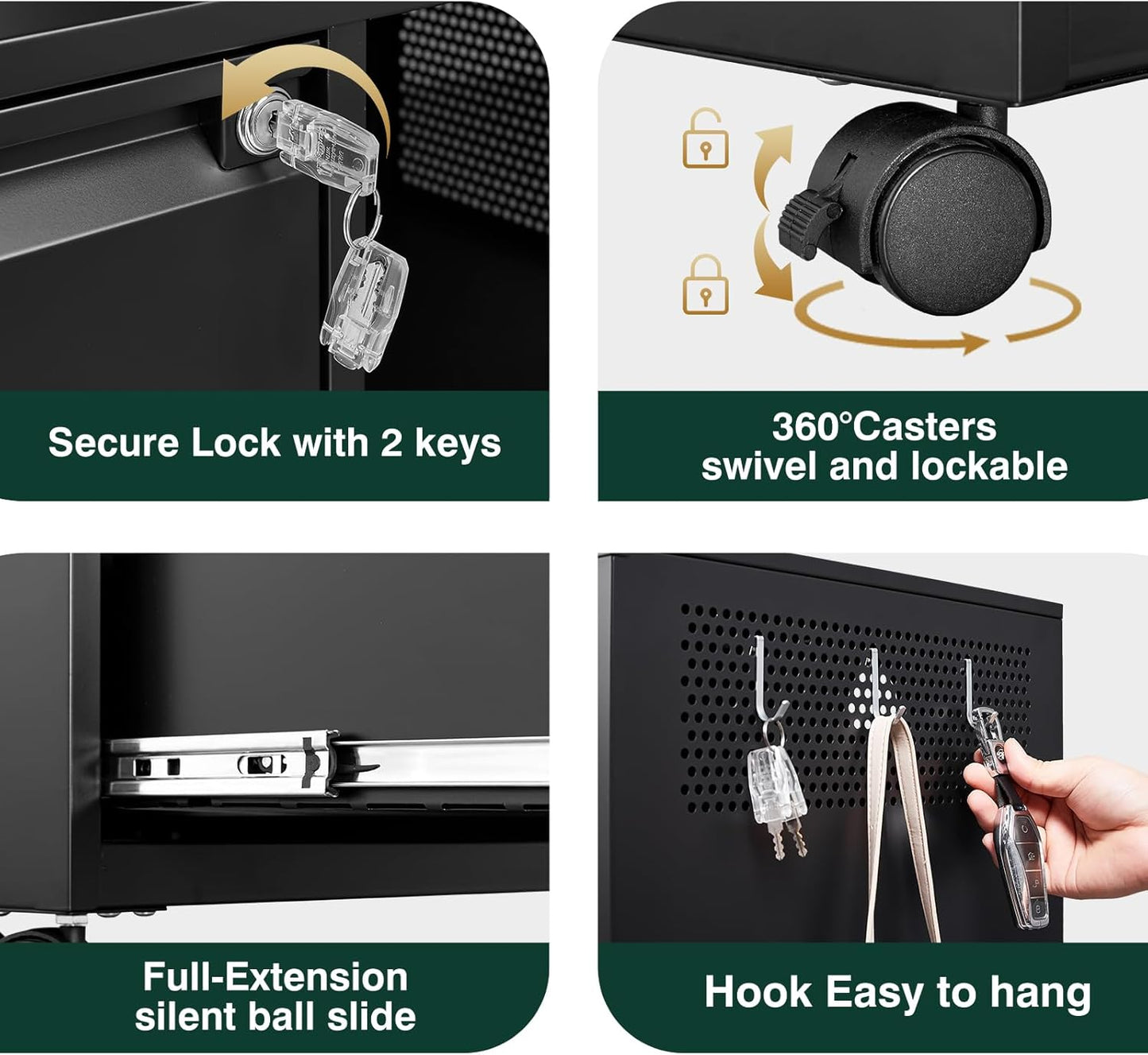 3 Drawer Metal File Cabinet with Lock,Mobile Lateral Filing Cabinet,Printer Stand Storage Cabinets with Shelves for Home Office(Black)