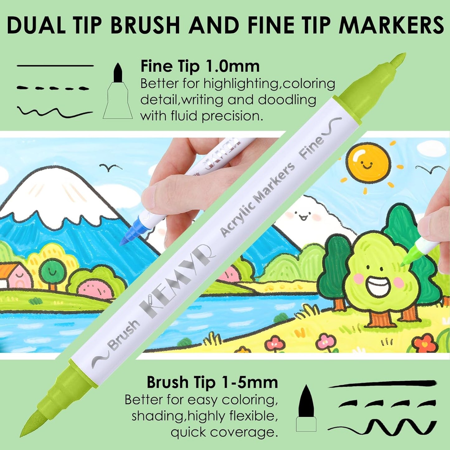 24 Colors Brush & Fine Tip Acrylic Paint Pens, Dual Tip Acrylic Paint Markers for Paper, Wood, Canvas, Stone, Rock, Glass, Fabric, DIY, Ceramic, Art Supplies for Kids and Adults Drawing