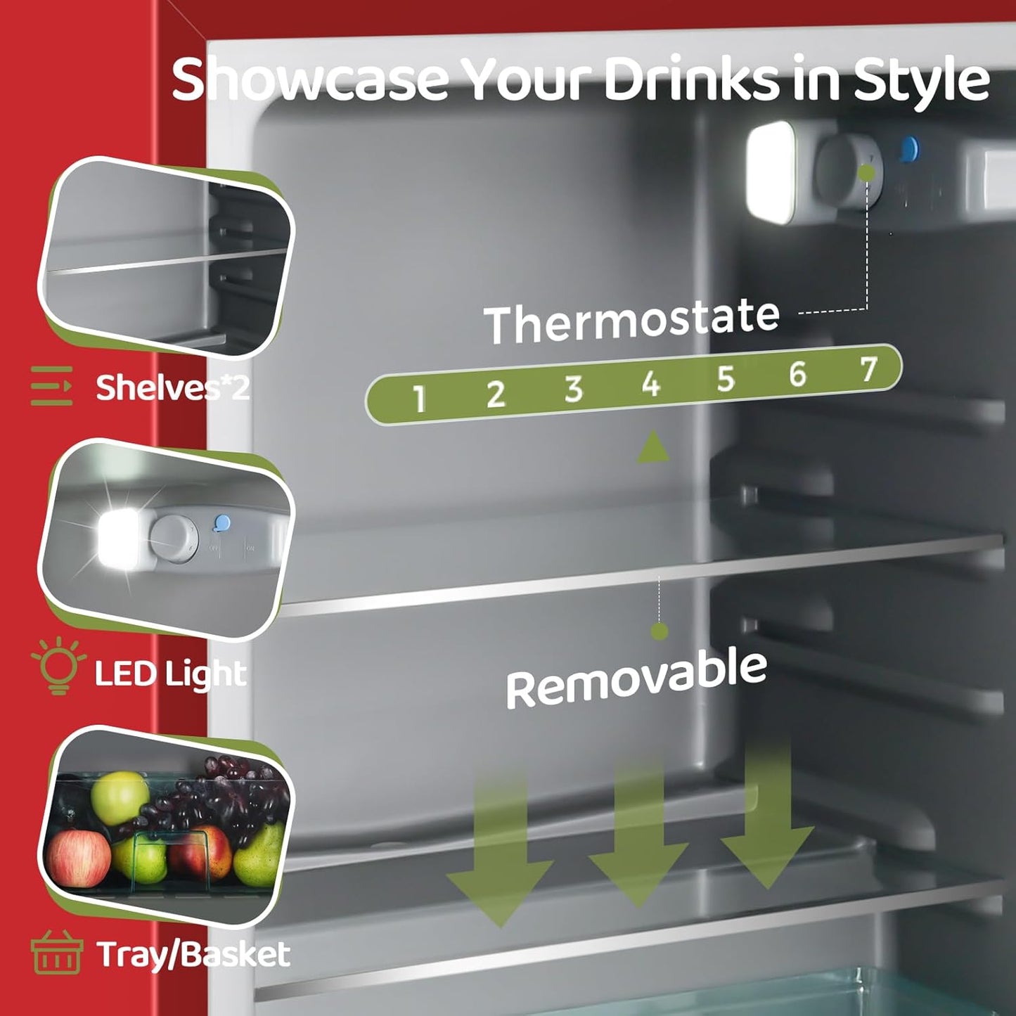 3.4 Cu.Ft Retro Small Beverage Refrigerator Cooler with Double Tempered Glass Door, 120 Can Wine Drink Beer Mini Fridge for Office Bedroom Bar with 7 Temperatures, Adjustable Shelves, Red