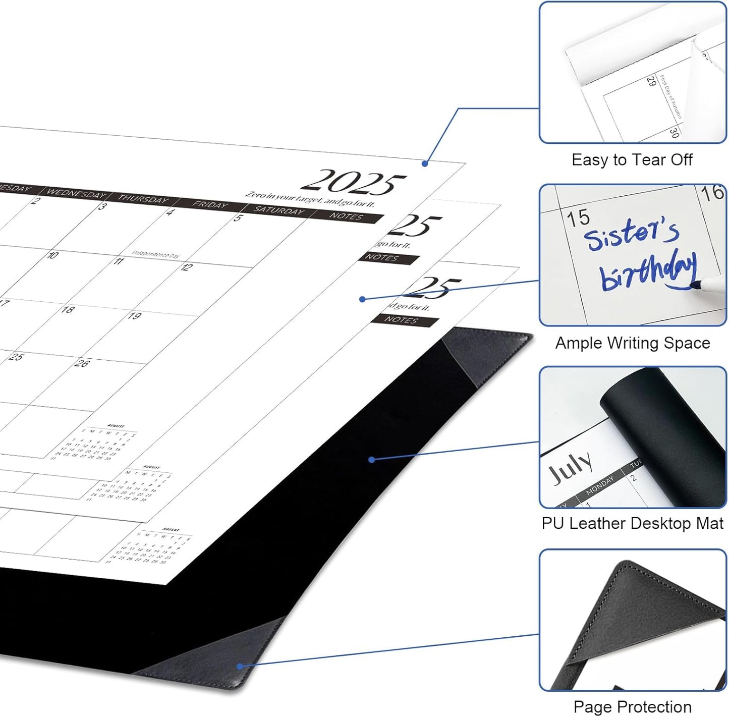 Gannyfer Large Desk Calendar 2025-2026 with Mat - 18 Month Table Calendar, 22" x 17" Desktop Pad Calendar for Planning and Organizing in Your Family, School or Office - Black