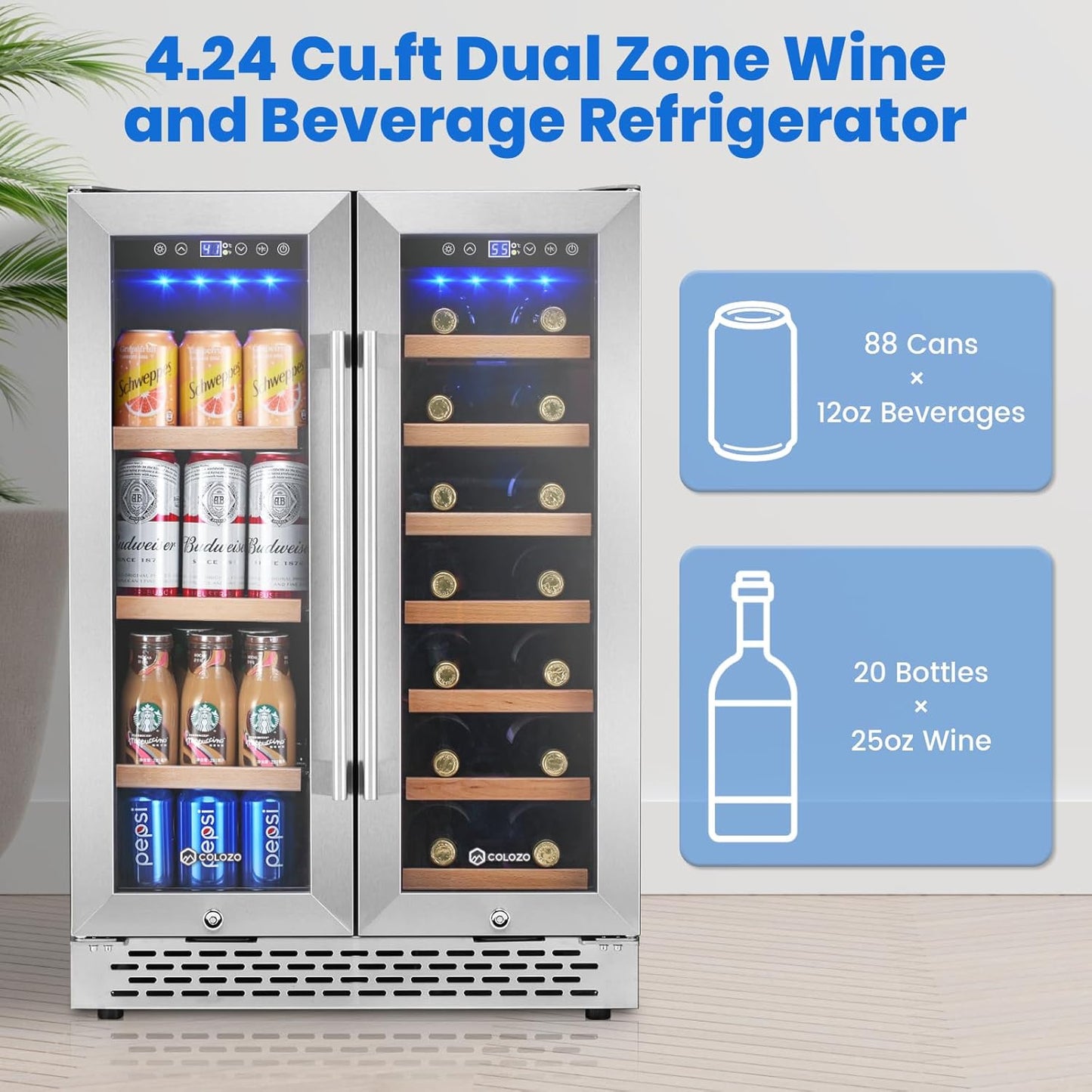 24 Inch Wine and Beverage Refrigerator Under Counter, Dual Zone 20 Bottles & 88 Cans Beverage Fridge with Stainless Steel Tempered Glass Door, Built-in/Freestanding Mini Fridge for Office/Bar/Kitchen