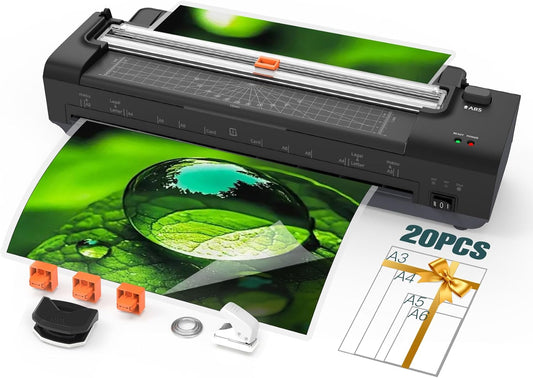 13 Inch Laminator Machine with Auto Paper Feed, Never Jam A3 Thermal & Cold Lamination, 20 Laminating Sheets, 10-in-1 Laminator with Cutter, Trimmer & Corner Rounder for Office School Home Use Black