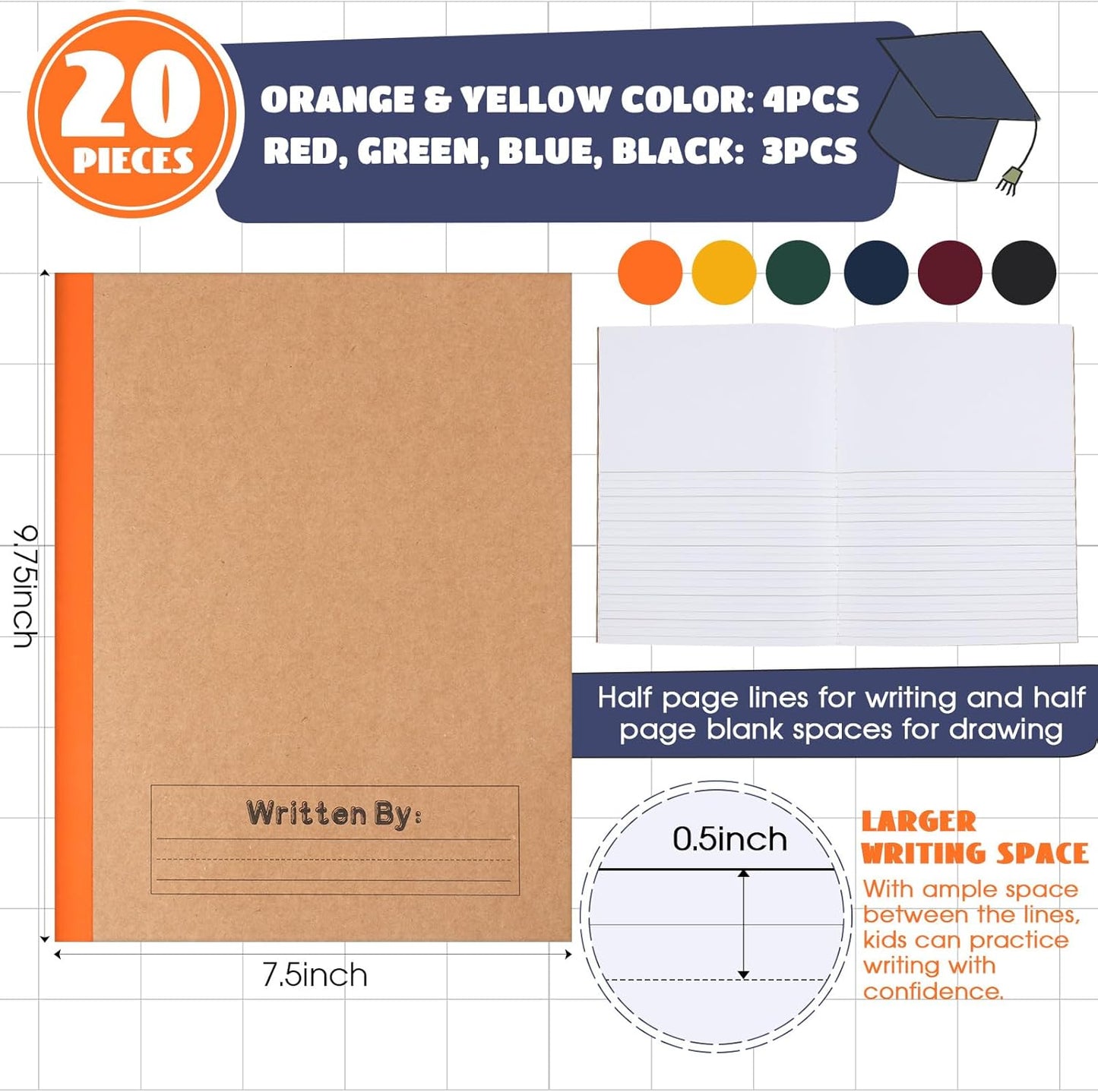 Henoyso 20 Pcs Primary Composition Notebook 9 3/4 x 7 1/2 Inch Kids Journal, Back to School Supplies, K-2 Primary Writing Notebook for Kids Student Draw and Write Story Journal (Jewel Tone Color)