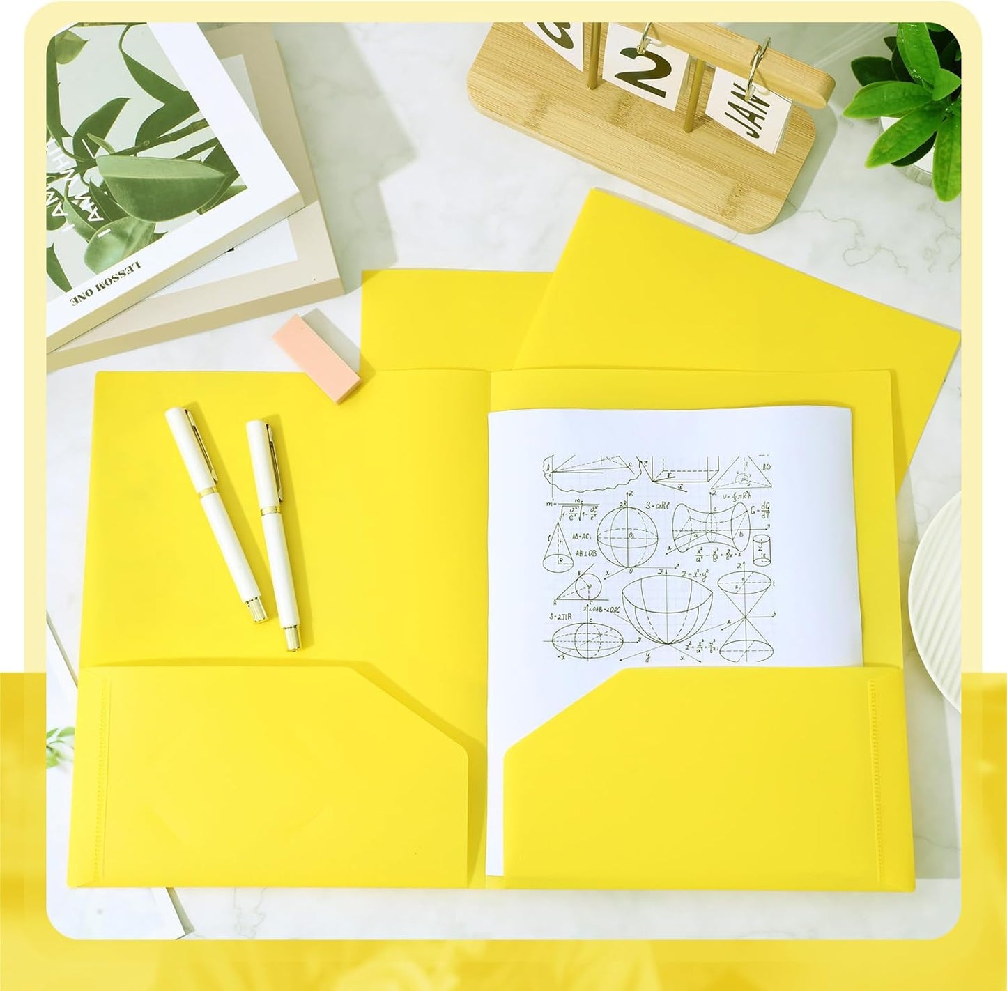 Gueevin 300 Pcs Plastic Folders with Pockets, Two Pocket Folder Fit 8.5 x 11 Inch Letter Size Paper, Heavy Duty School Folders Business Card Holder for Home Office School Bussiness (Yellow)
