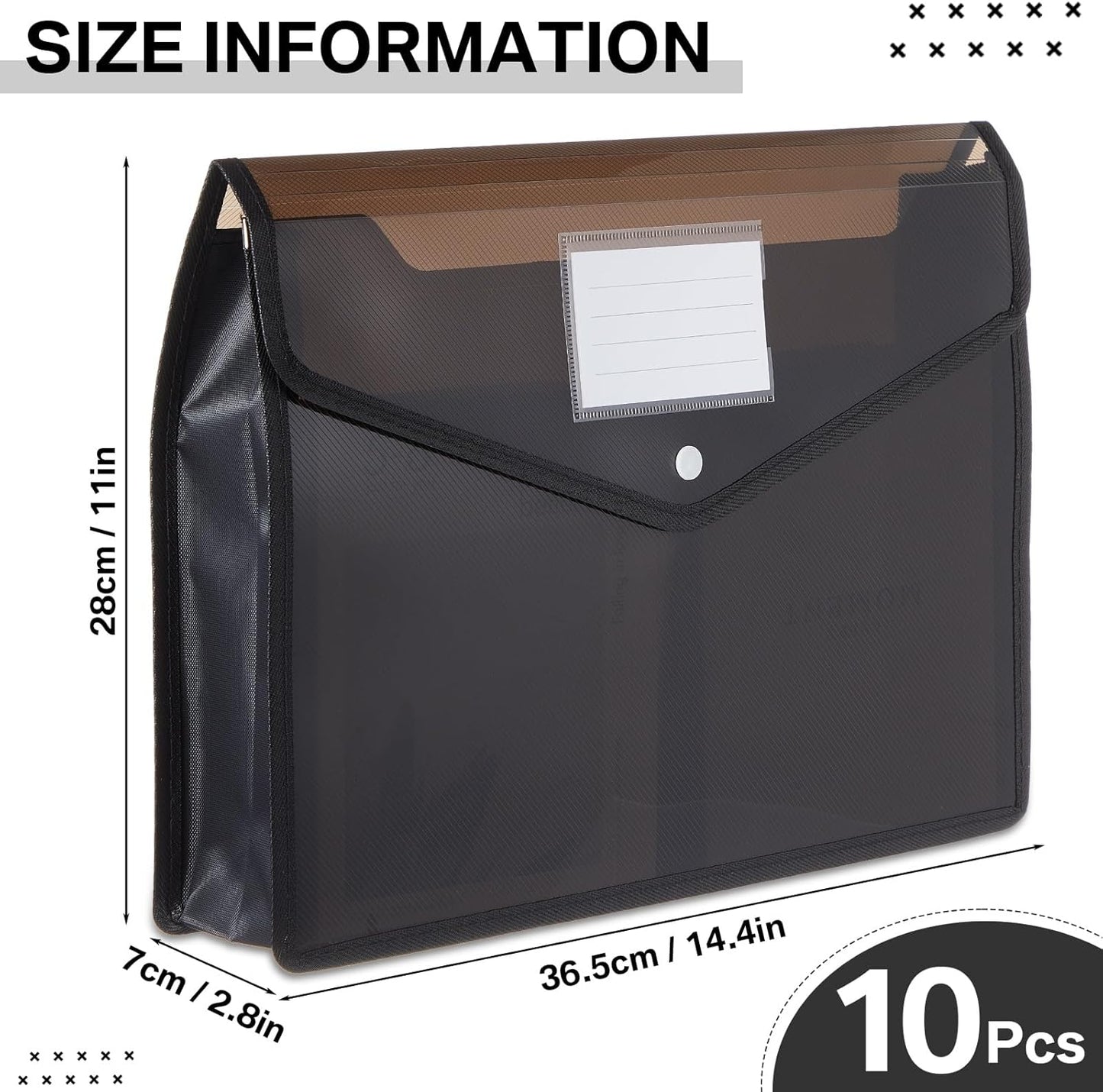 10 Pieces Plastic File Folders Envelope Expanding File Wallet Organizer Documents Folder with Snap Closure and Pocket B4 Waterproof Transparent Pouch for School Office (Black,Horizontal)