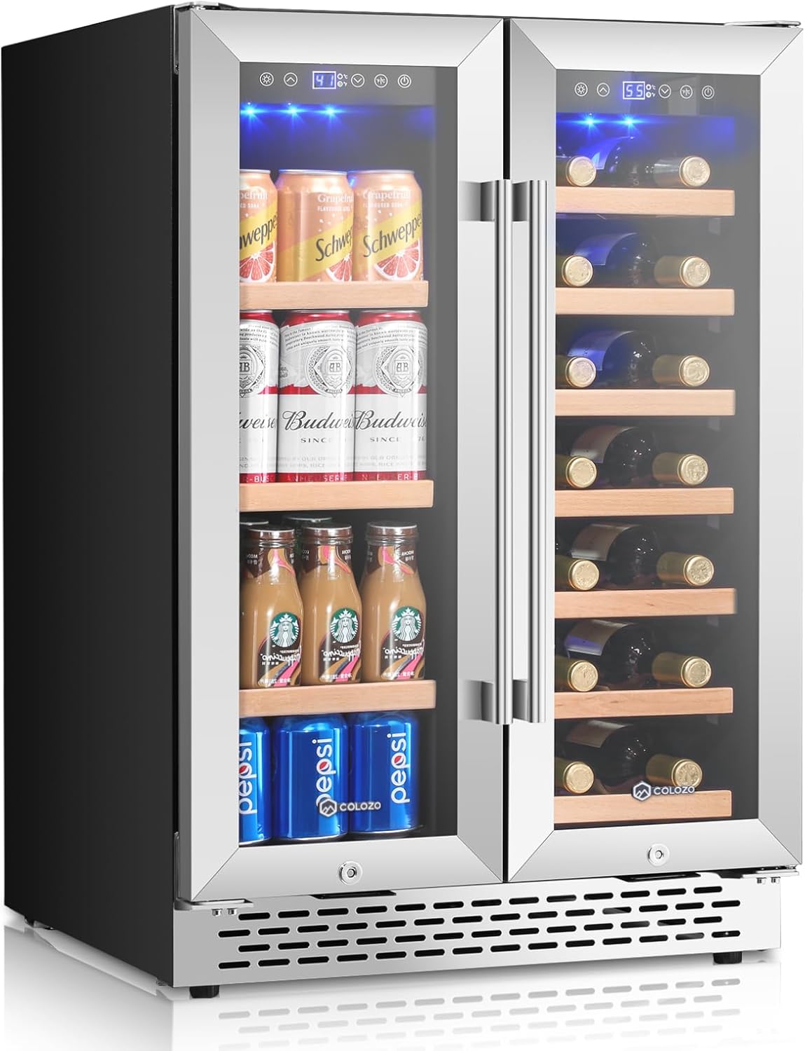 24 Inch Wine and Beverage Refrigerator Under Counter, Dual Zone 20 Bottles & 88 Cans Beverage Fridge with Stainless Steel Tempered Glass Door, Built-in/Freestanding Mini Fridge for Office/Bar/Kitchen