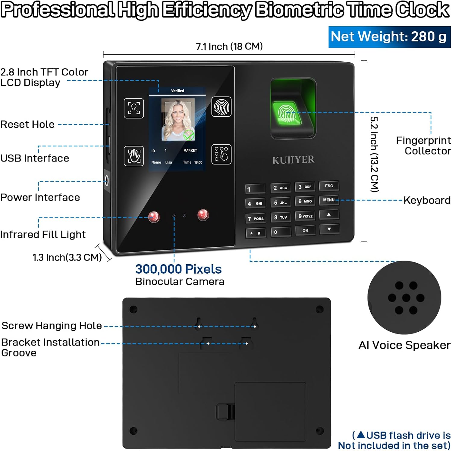 KUIIYER 4 in 1 Employee Time Clocks for Small Business (Face + Fingerprint + Palm Print + PIN) Employee Clock in & Out Machine Attendance Punch Clock