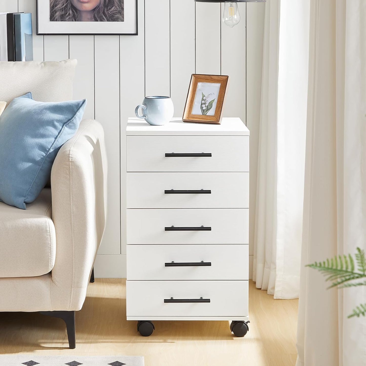 HOOBRO 5-Drawer File Cabinet, Office Cabinet with Drawers, Wooden Storage Cabinet with Wheels for Makeup, Home Office, Study, Easy Assembly, White WT05WJ01G1