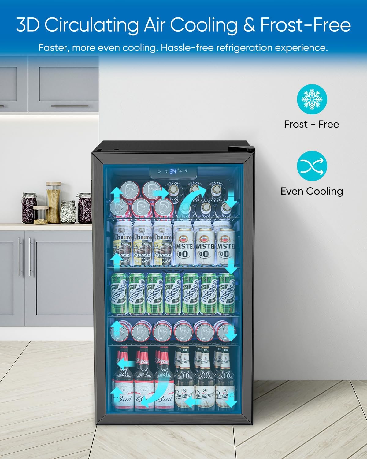 3.2 Cu.Ft Mini Fridge with Glass Door - 126 Can Beverage Refrigerator Cooler for Drink Beer Wine Soda, Small Fridge for Bedroom Office Bar Dorm, 4 Adjustable Shelves, Black