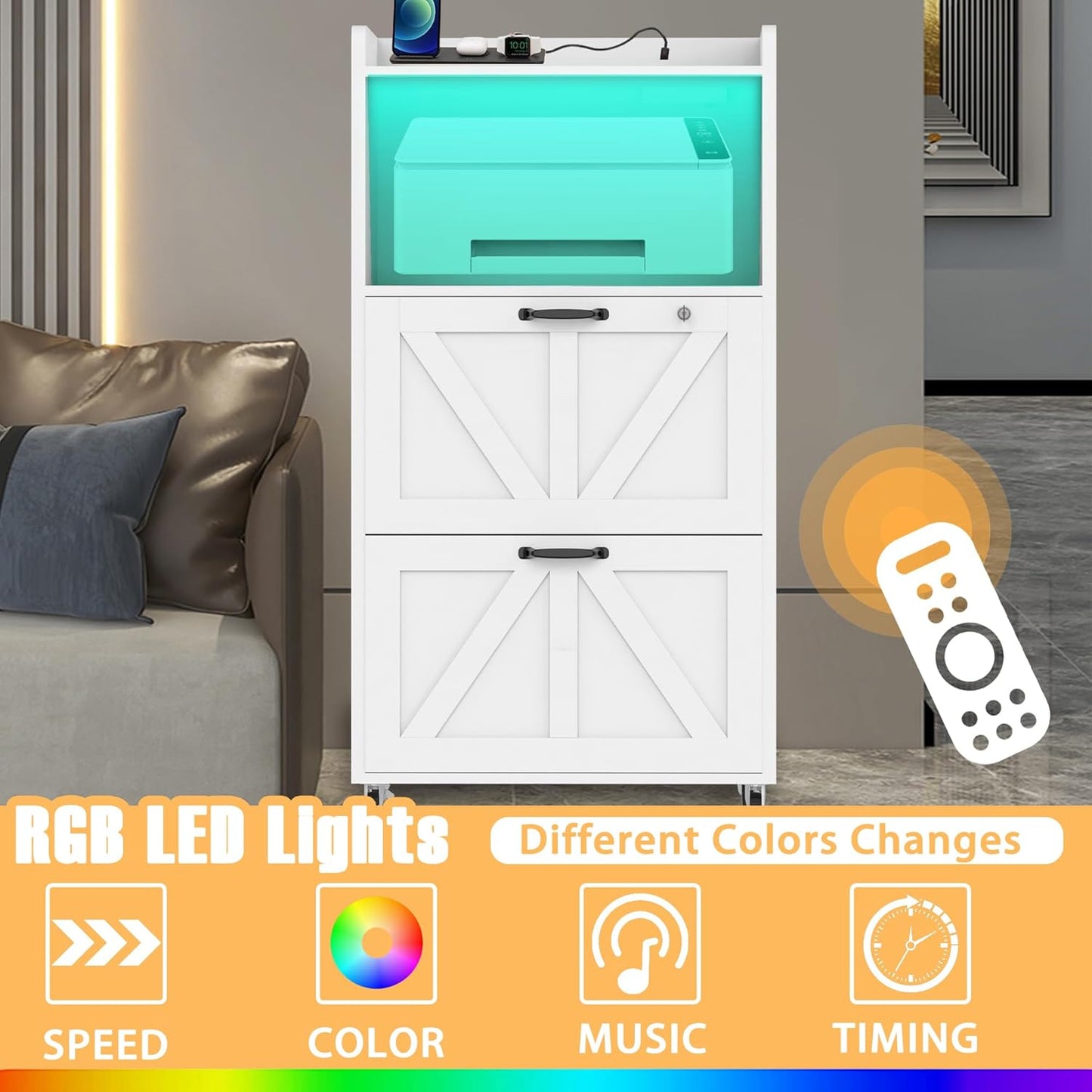 2 Drawer File Cabinet On Wheels & Charging Station, Wood Filing Cabinet with Lock & LED Light, Large Storage Printer Stand for Home Office, White