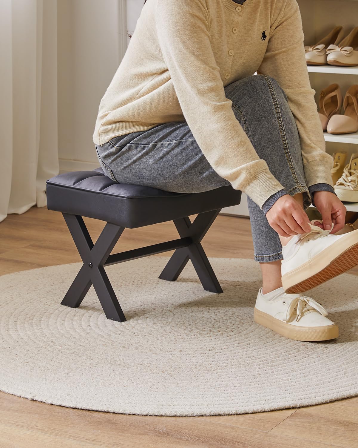 IBUYKE Small 12" H Footrest Stool, Square PU Foot Stool with Metal X-Leg, Multi-Use as Small Side Table, Step Stool for Living Room, Bedroom, Entryway, Office, Black WBD012B