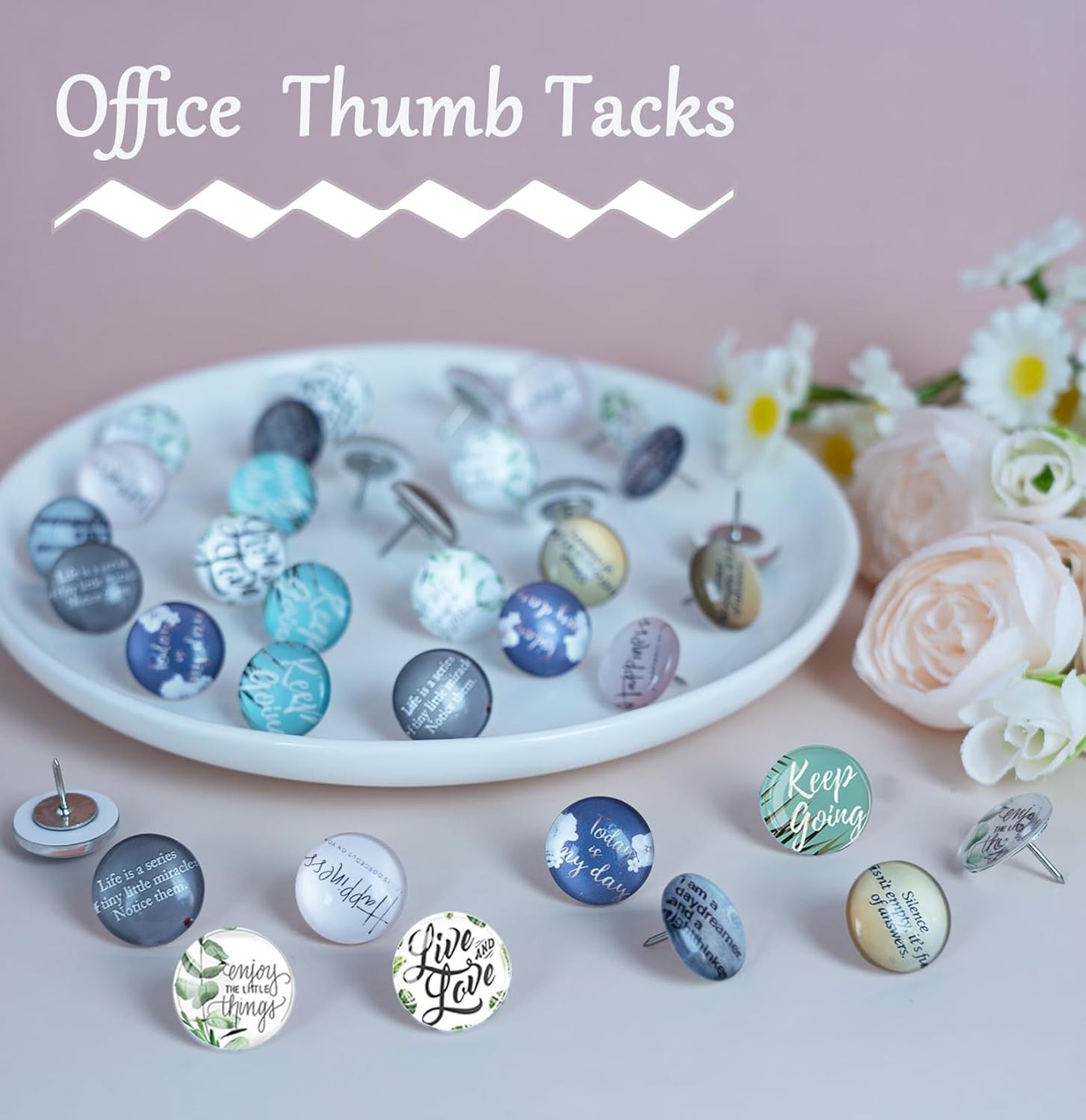 24Pcs Decorative Push Pins,Decorative Thumb Tacks for Bulletin Board, Cork Board Thumbtacks,Photos Wall Maps,Cute Thumbtack for Cubicle Decor,Classroom Supplies and Office Decor(Motivational-Happy)