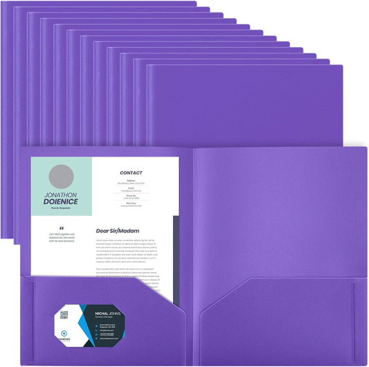 Gueevin 24 Pcs Plastic Folders with Pockets, Back to School Two Pocket Folder Fit Letter Size, Heavy Duty School Business Card Holder for Home Office, 11. 61 x 9. 45 Inches (Purple)