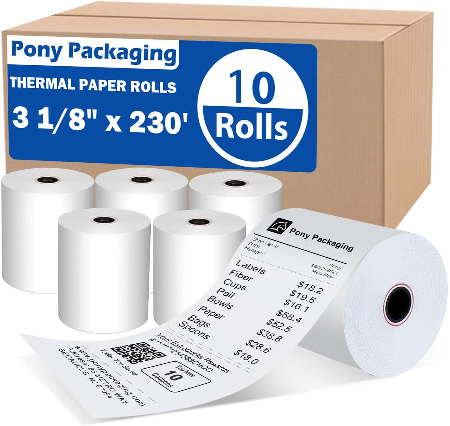 10 Rolls 3 1/8 x 230 Thermal Paper Receipt Rolls Cash Register POS Receipt, Thermal Ppaper Rolls Fits All Credit Card Terminal BPA Free Receipt Paper- Pony Packaging, White