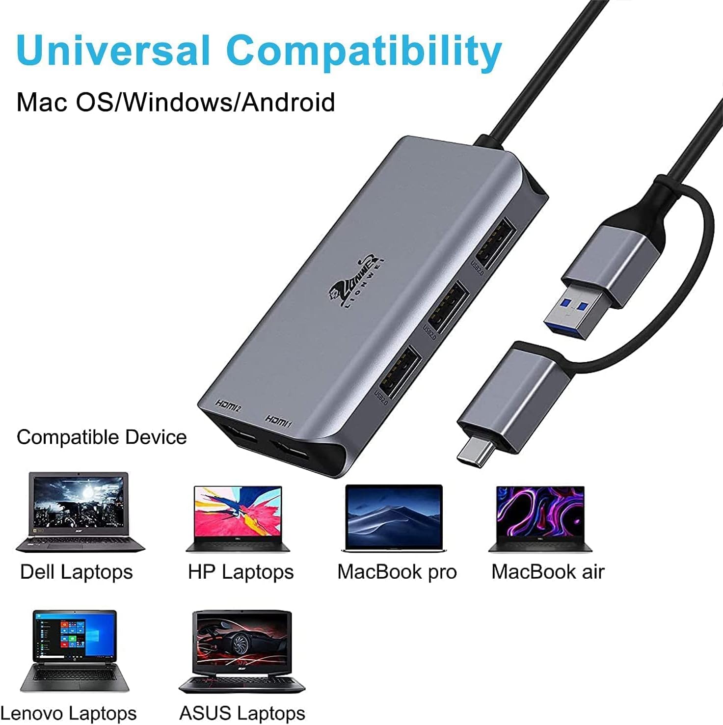 LIONWEI USB 3.0 to Dual HDMI Docking Station for Windows & macOS, USB C Adapter 2 Monitor Splitter for MacBook Pro/Air/M1/M2/Dell/HP/Lenovo/Surface